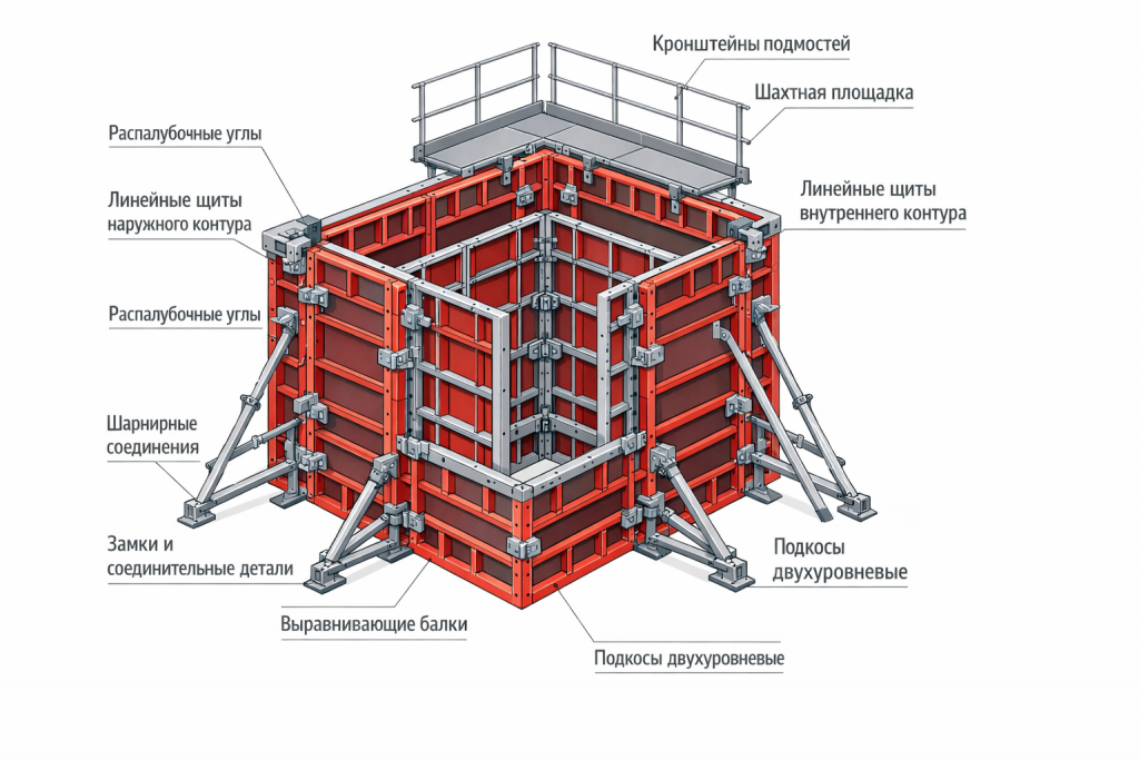 Схема опалубки для лифтовых шахт с основными элементами